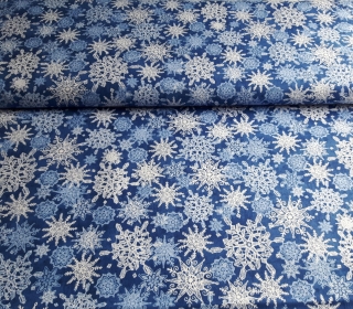 11 -Vánoční látky - vločky modré-metráž 90cm(možnost ušití ubrusu bez příplatku)